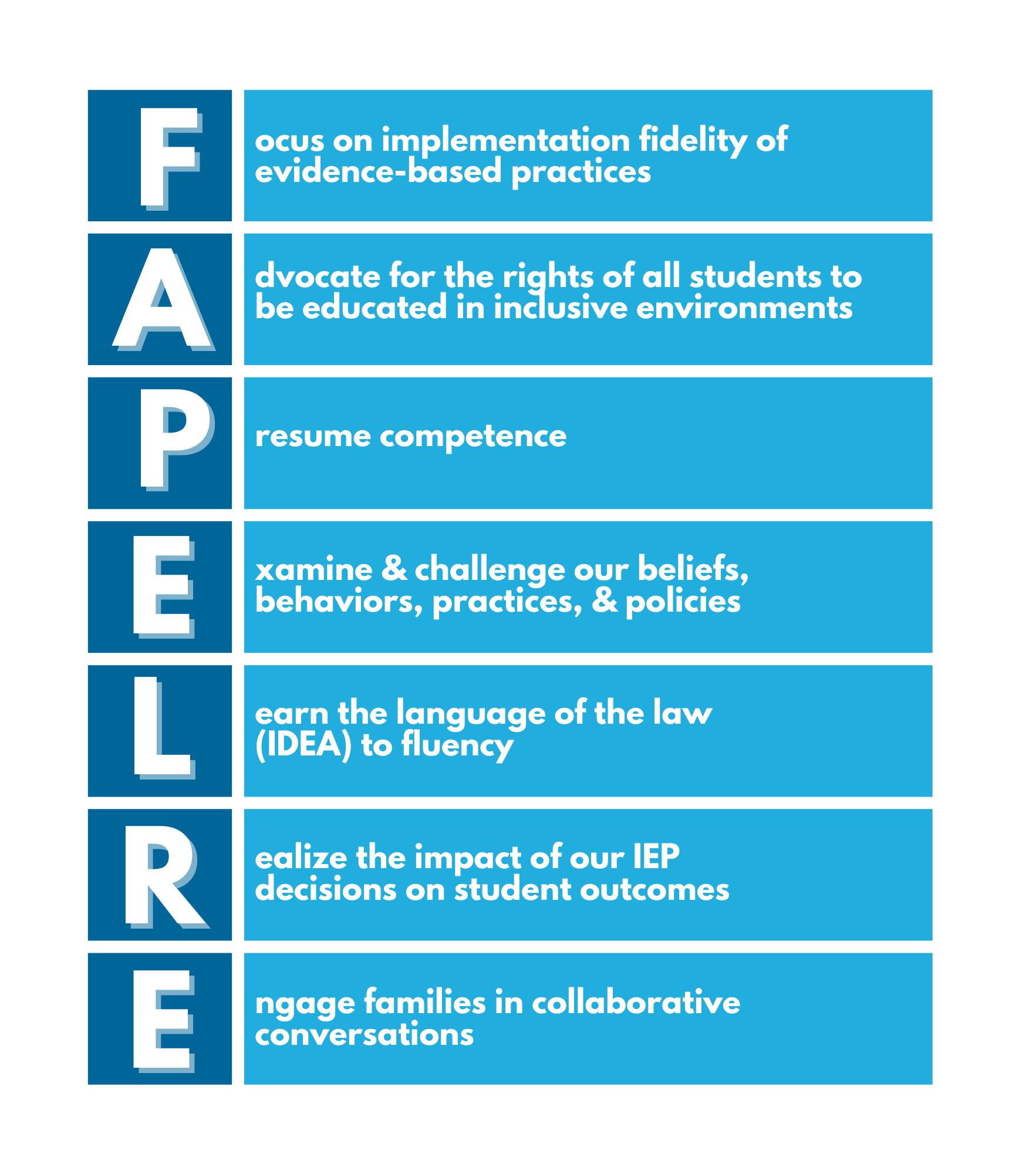 Focus on implementation fidelity of evidence based practices; advocate for the rights of all students to be educated in inclusive environments; presume competence; examine and challenge our beliefs, behaviors, practices, policies; learn the language of the law (IDEA) to fluency; realize the impact of our IEP decisions on student outcomes; engage families in collaborative conversations